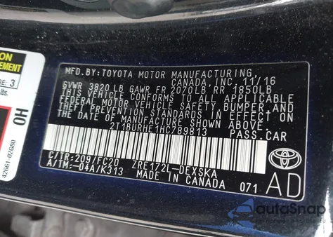 2017 Toyota Corolla L/Le/Xle/Se/Xse из США, поврежденный, VIN 2T1BURHE1HC789813